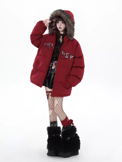 Letter Print Fur Hooded Loose Down Jacket CRA0085