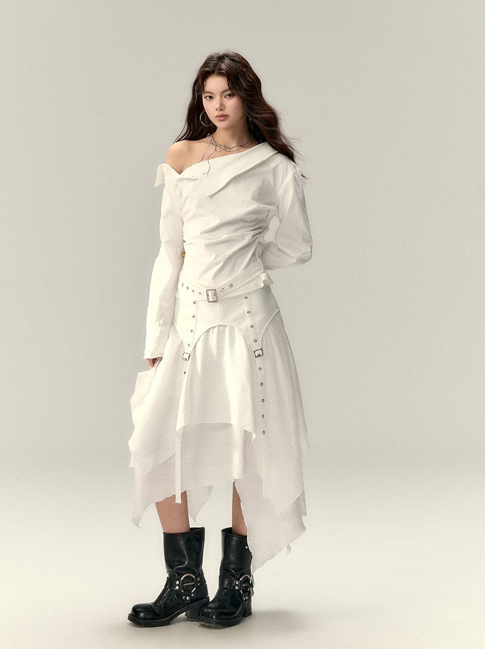 Off-shoulder Pleated Belt Short Shirt VIA0198