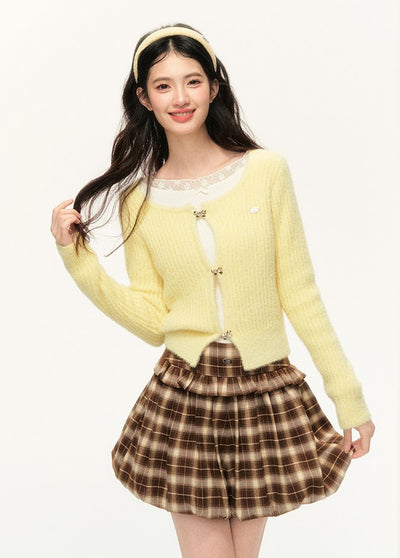 Cream Yellow Furry Square Collar Sweater Cardigan/Brown Skirt NTO0138