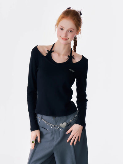 Bow Halter Neck Long Sleeve Knitted T-shirt ZIZ0178