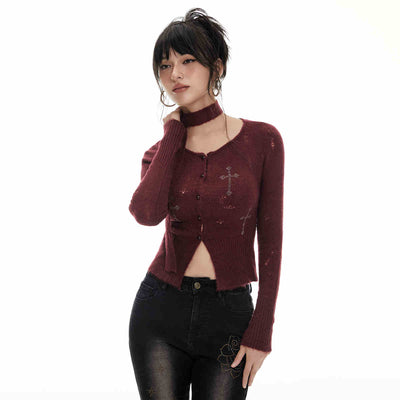 Scarf Cross Hem Slit Slim Knitted Cardigan IMO0049