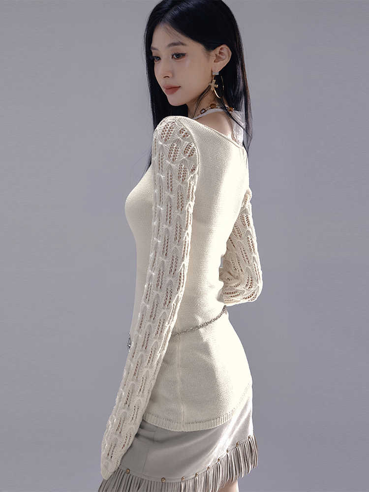 Slim knit top with halter neck and crochet sleeve design LAC0222