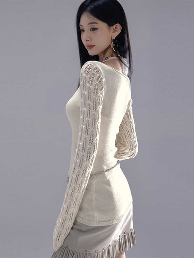 Slim knit top with halter neck and crochet sleeve design LAC0222