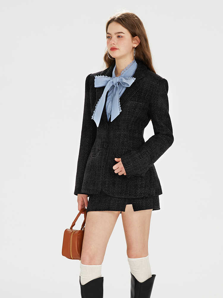 Tweed Slim Suit Jacket & Big Ribbon Ruffle Blue Shirt & Side Slit Mini Skirt BOH0065