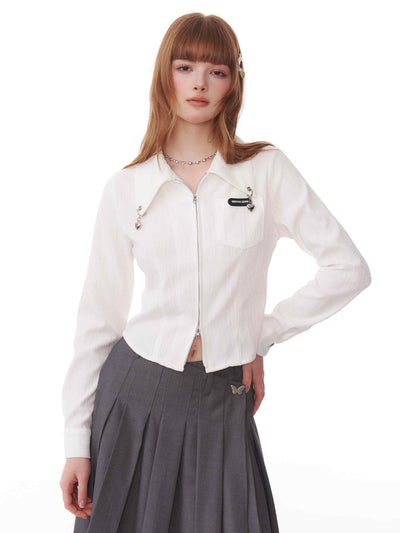 Double-zip shirt top with heart charm collar ZIZ0165