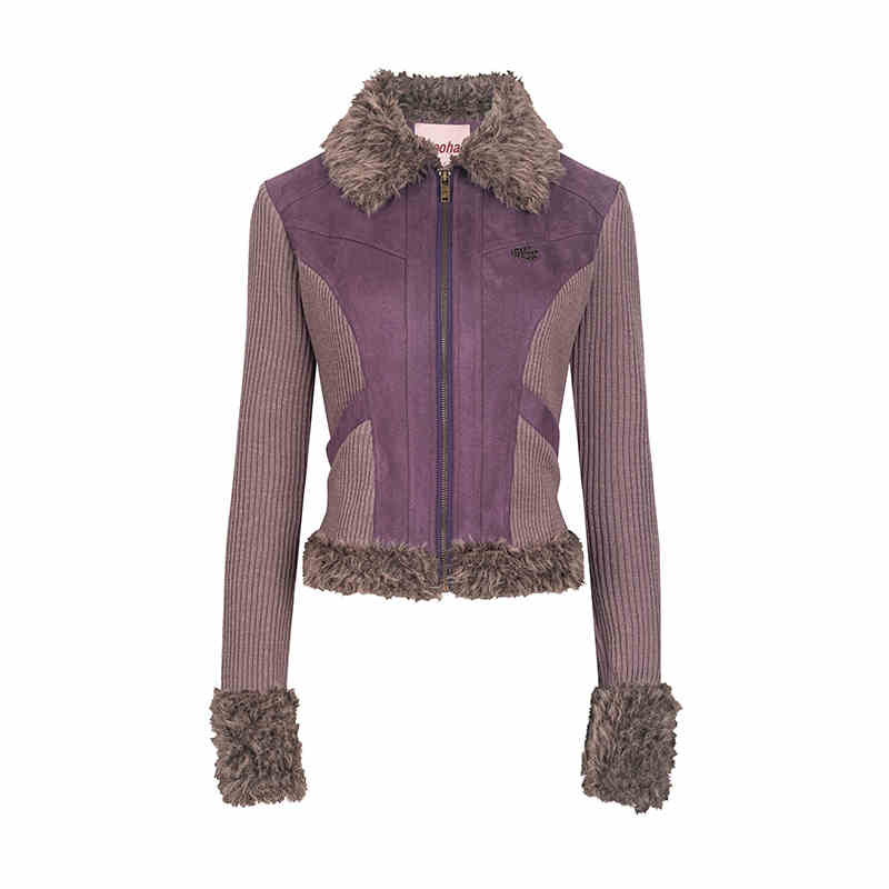 Different Material Docking Suede Slim Zip Fur Jacket WOO0127