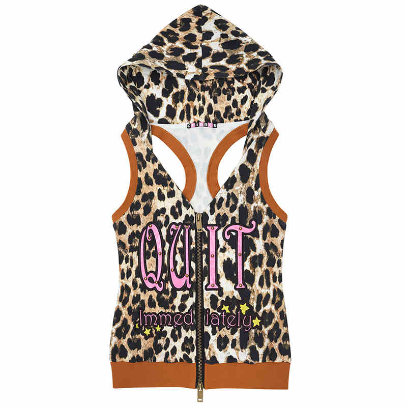 Patent Leather Embroidered Leopard Pattern Sleeveless Hoodie Top CFI0034