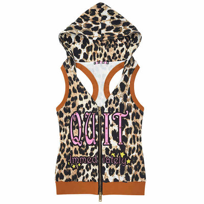 Patent Leather Embroidered Leopard Pattern Sleeveless Hoodie Top CFI0034