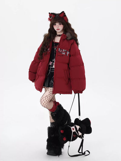 Letter Print Fur Hooded Loose Down Jacket CRA0085