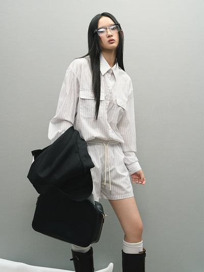 Lazy Striped Long-sleeved Simple Casual Shirt/Mid-waist Shorts LAL0043