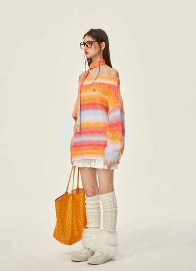 Rainbow Knitted Off-shoulder Lazy Sweater GIF0074