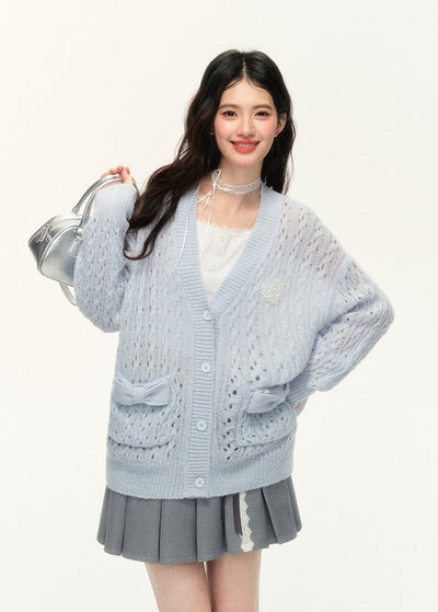 Bow Pocket Hollow Cable Knitted Sweater Cardigan NTO0134