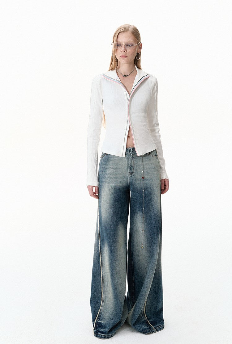 Contrast Loose Wide Leg Raw Edge Jeans BYW0022