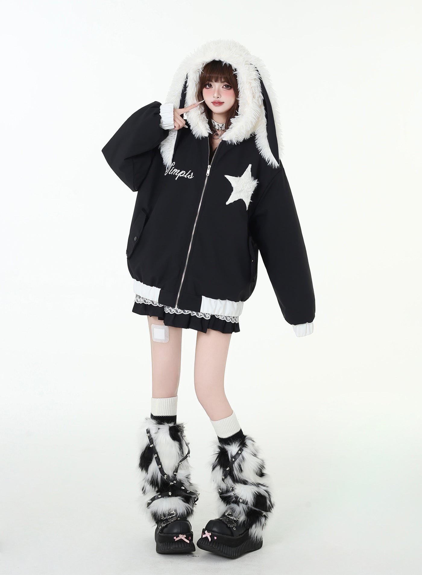 Star Design Loose Zip Monotone Jacket with Rabbit Ears Hood CRA0097