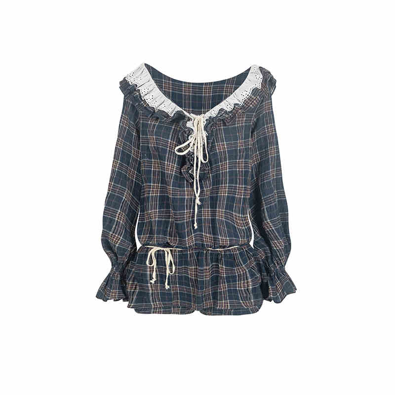 Retro V-neck cotton and linen plaid mini all-in-one WOO0103