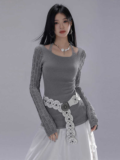 Slim knit top with halter neck and crochet sleeve design LAC0222