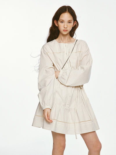 Waist Strap Long Sleeve Striped Cotton Dress FUS0024
