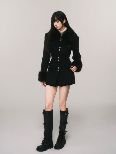 Fur Collar Gold Button Short Wool Jacket LUL0120