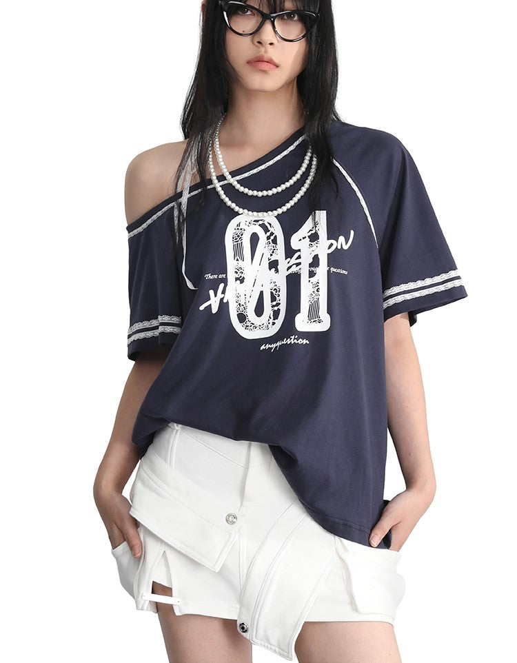 Lace-up Printed Raglan Sleeve Off-shoulder T-shirt ANY0064