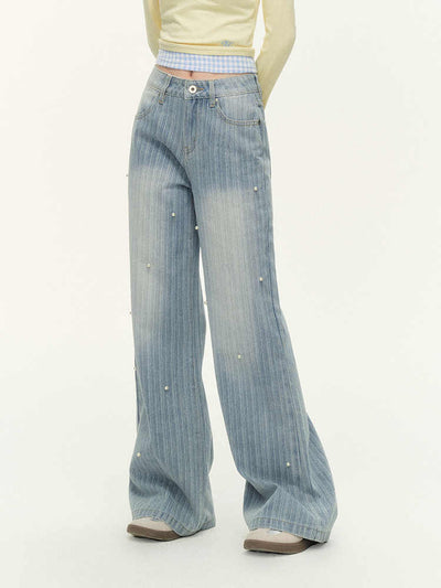 Pearl Embroidery Stripe Design Washed Denim Wide Pants NTO0142