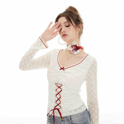 Lace Red Ribbon Bow Long-sleeved Top IMO0050