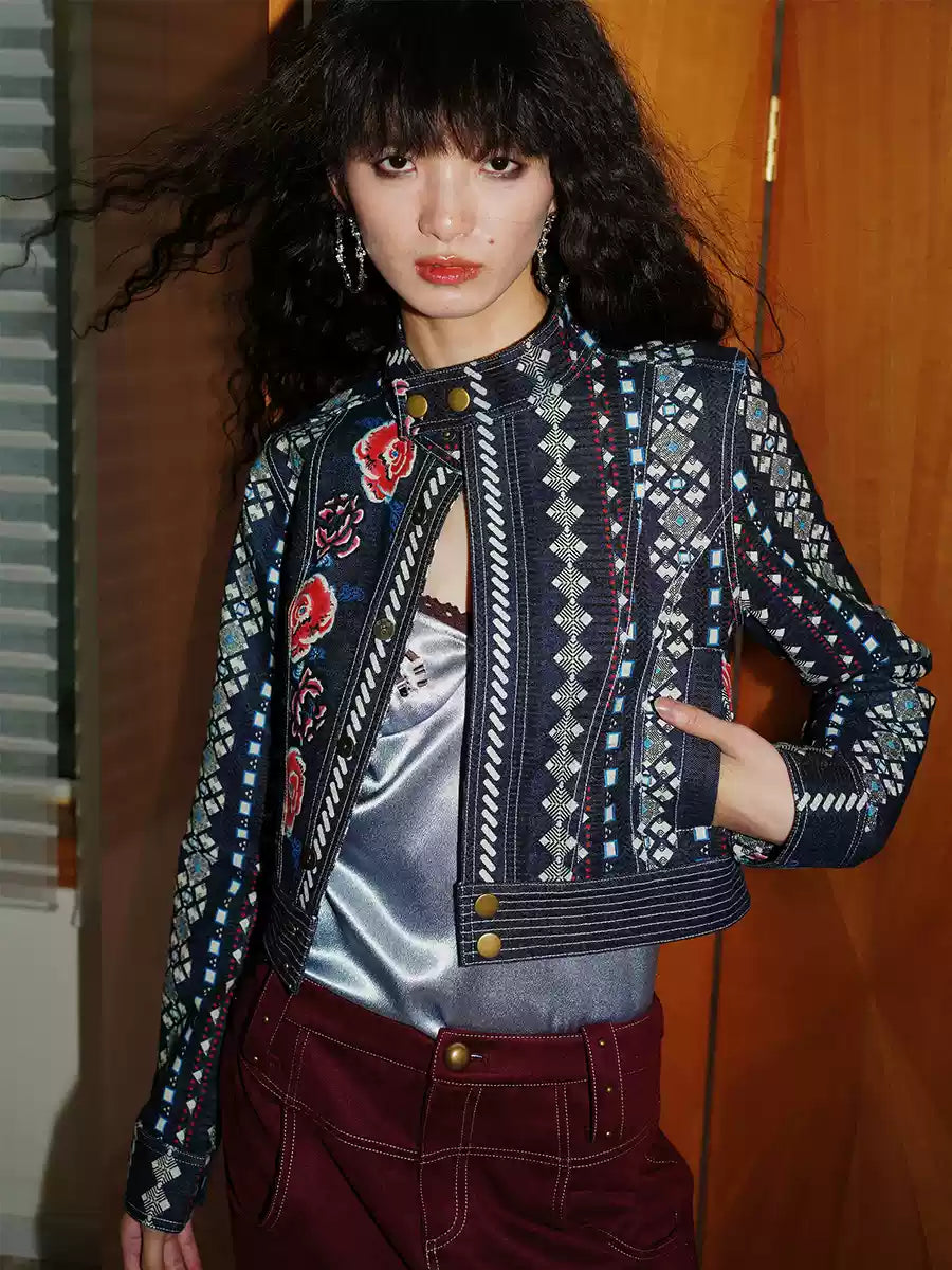 Retro Print Short Slim Denim Long Sleeve Jacket BAD0068