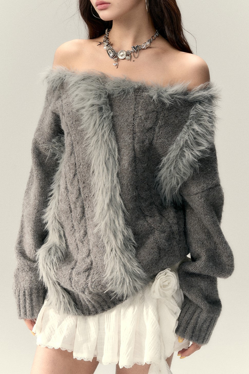 Fur Stitching One Shoulder Sweater VIA0206