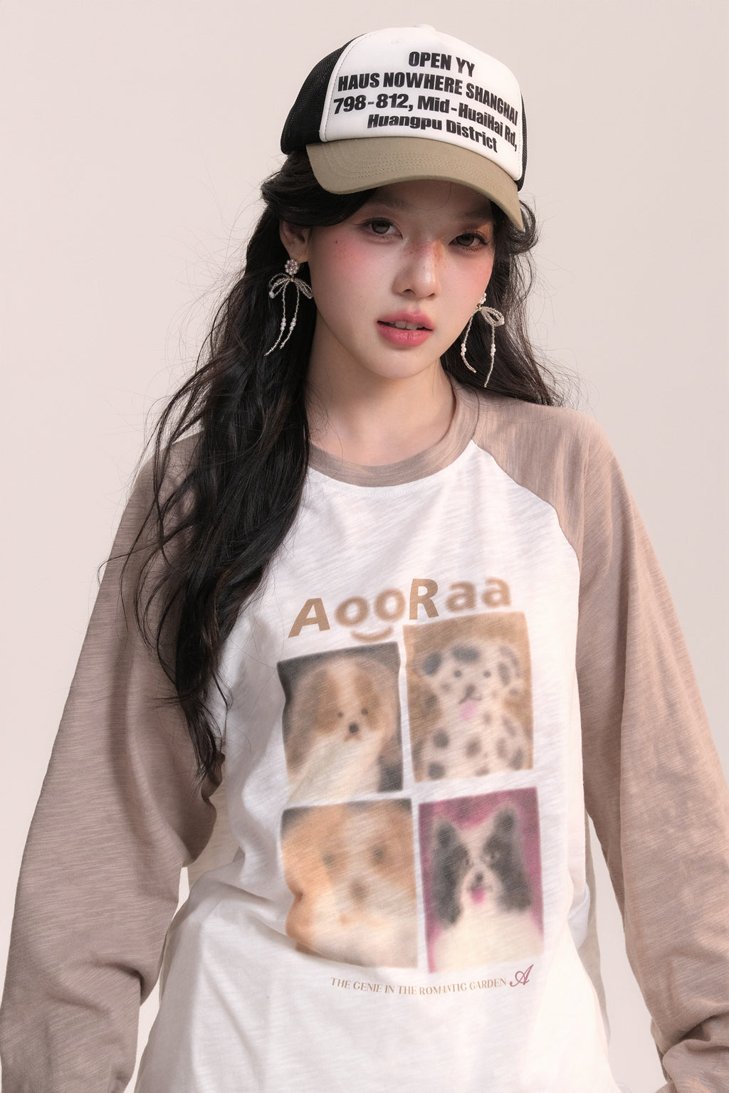 Dog Print Design Raglan Sleeve Long T-Shirt AOO0037