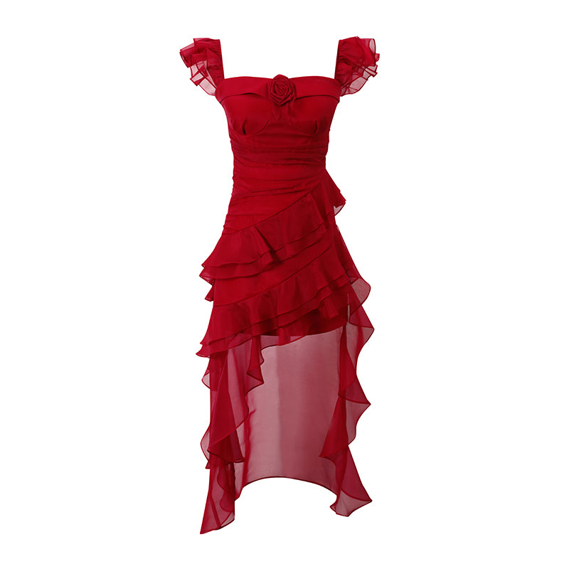 Square Neck Ruffle Design Red Dress UND0063