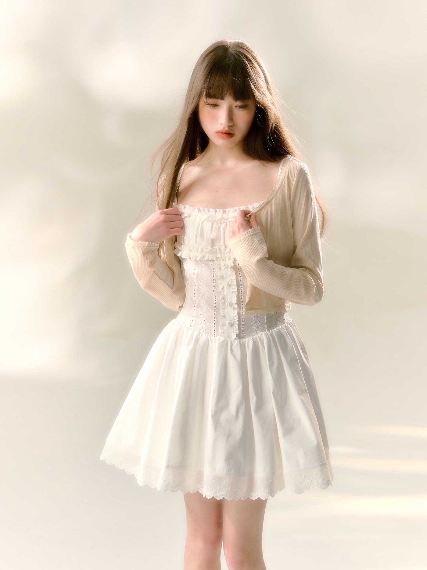 Pearl and ribbon design ruffle lace camisole girly dress & lace short rib cardigan REC0035