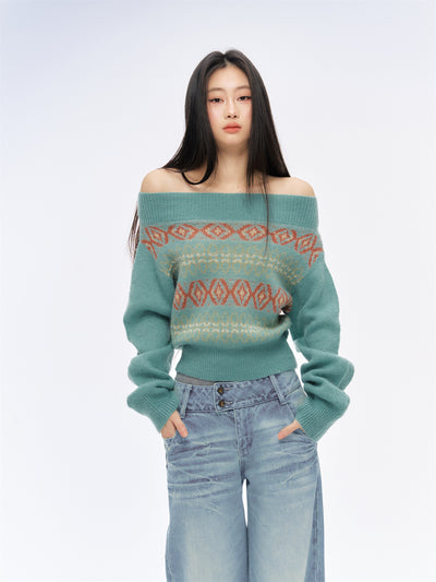 Jacquard One Shoulder Sweater CUR0196