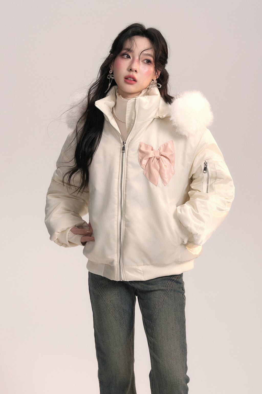 Flight Diary Fur Collar Bow Pilot Cotton Jacket AOO0048