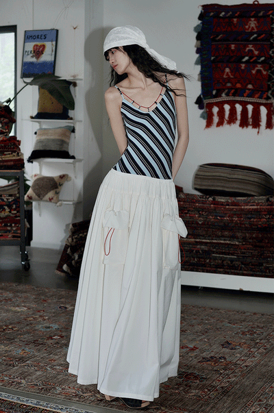 Stripe Splicing Design Fake Two-Piece Retro Long Suspender Dress BAD0025