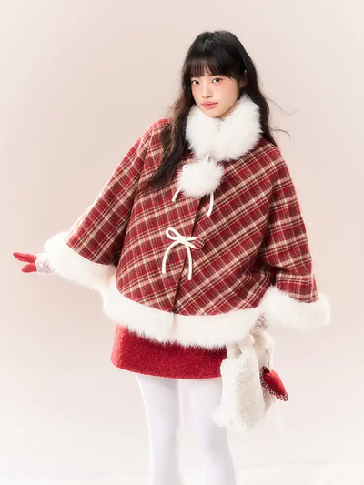 Red Checkered Bow Fur Collar Coat NTO0163