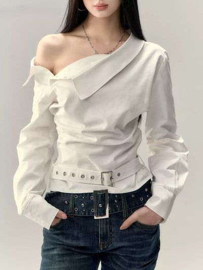 Off-shoulder Pleated Belt Short Shirt VIA0198