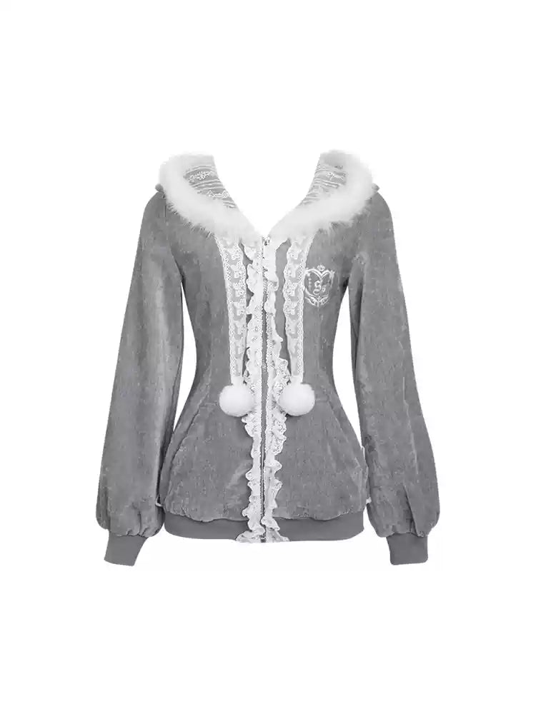 Kitten Gray Velvet Zipper Sweatshirt Jacket/Cake Skirt SER0104