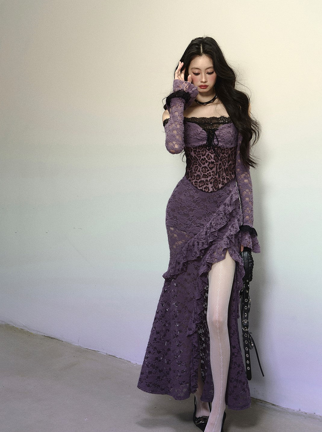 Purple Lace Leopard Print Long Dress DIA0316