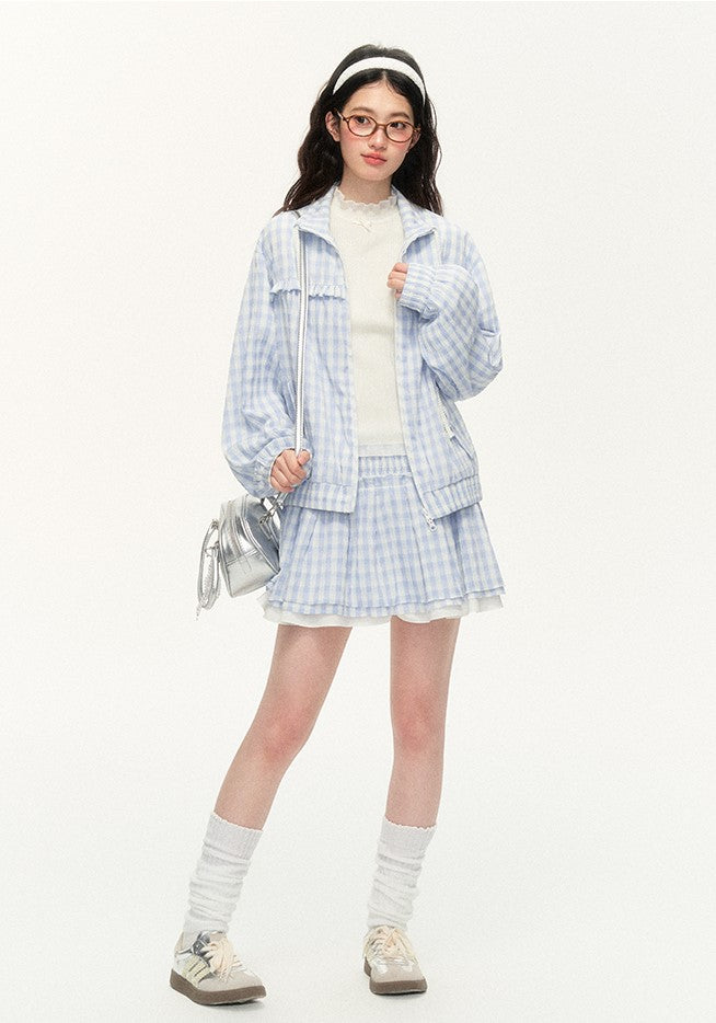 Plaid Embroidery Jacket/Multi-layer Lace A-line Skirt NTO0122