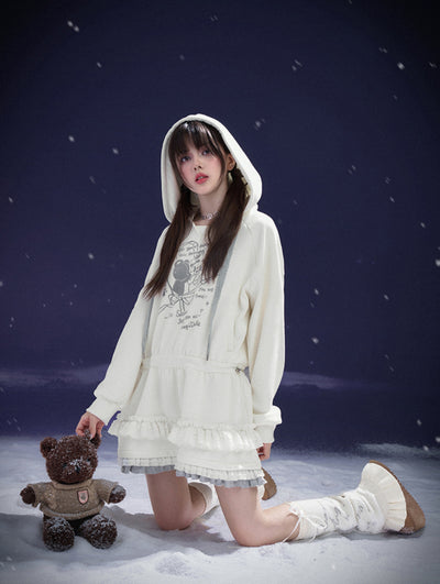 White Casual Cute Hooded Sweatshirt Dress SAG0212