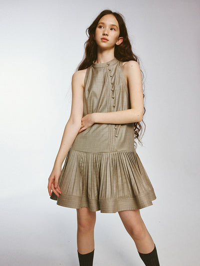 Chinese Button Stand Collar Pleated Sleeveless Dress FUS0027