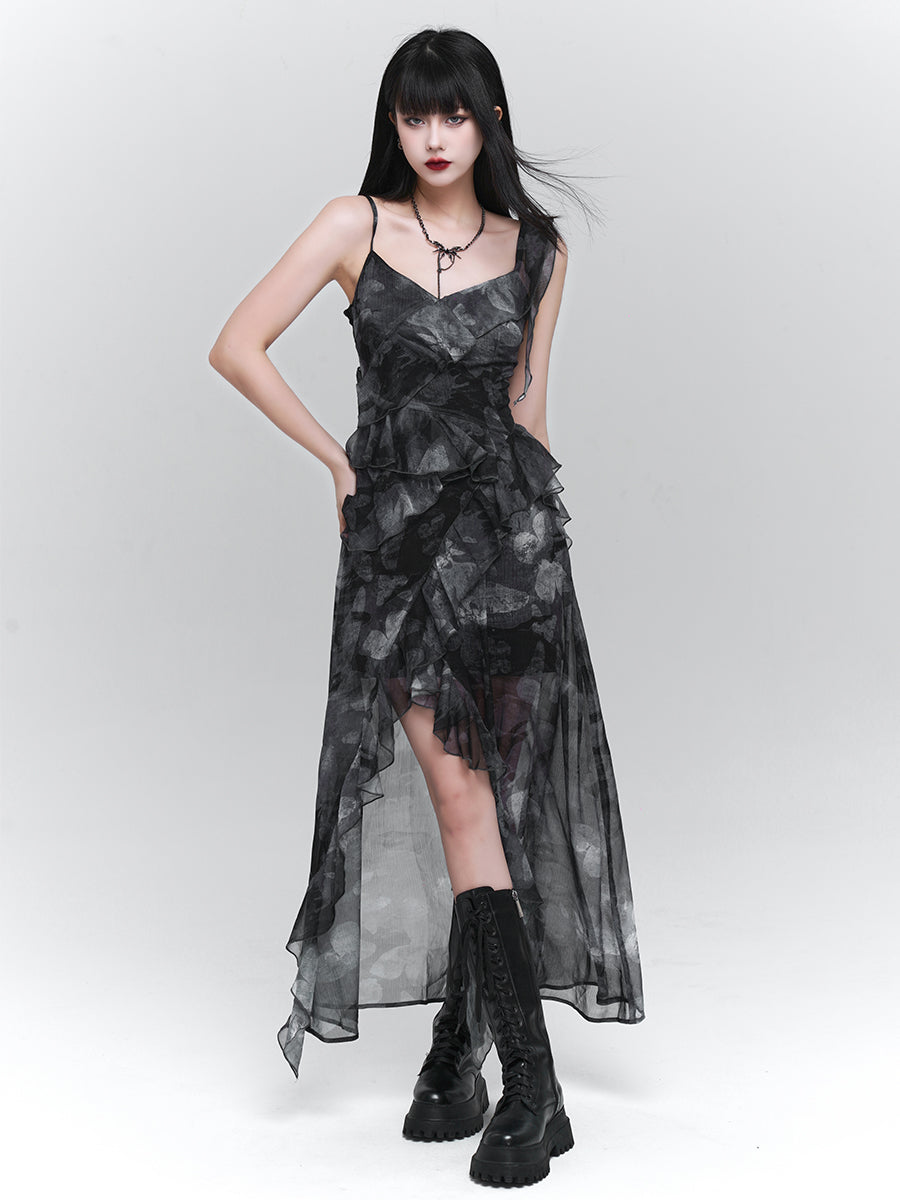 Butterfly Pattern Ruffle Design See-through Dress LAD0077