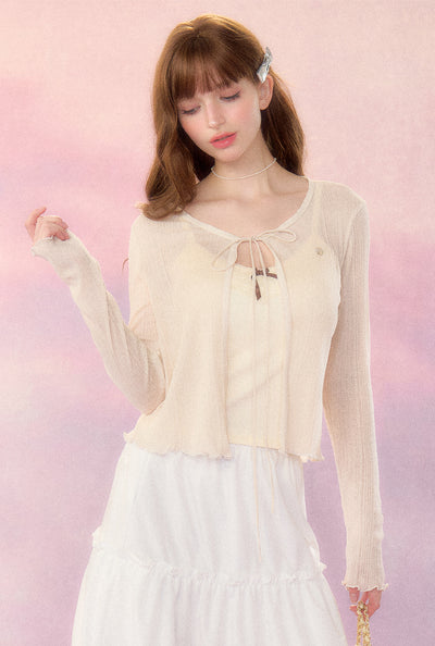 Natural color ribbon sheer slim cardigan SPE0046