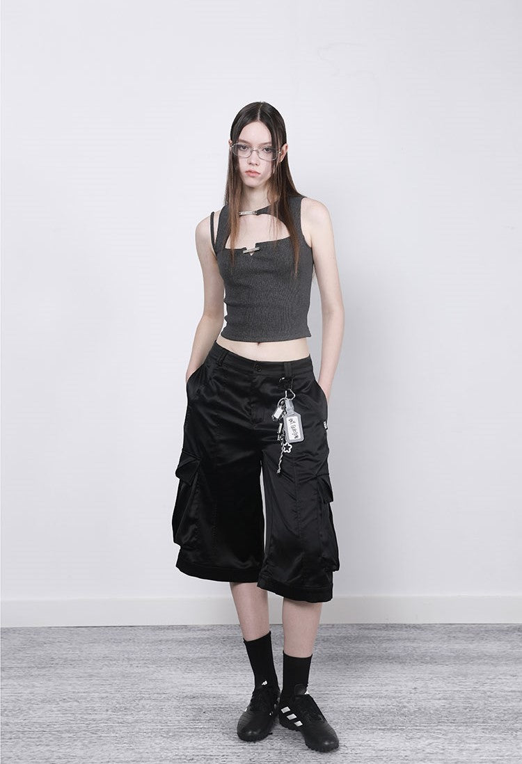 Black Silky Acetate Low Waist Pocket Casual Work Pants ANY0057