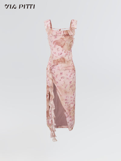 Floral Pattern Side Slit Ruffle Dress VIA0087