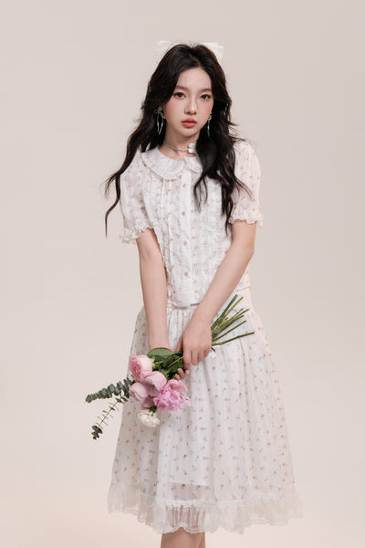 Floral Pattern Frilled Collar Girly Short-Sleeved Blouse & Lace Hem Knee-Length Skirt AOO0032