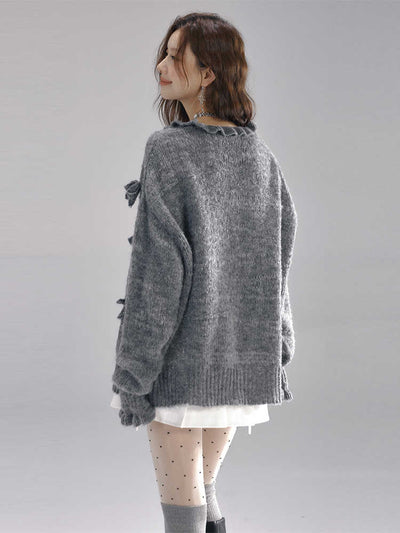 Soft knit ruffle cardigan with ribbon and pearl design LAC0229