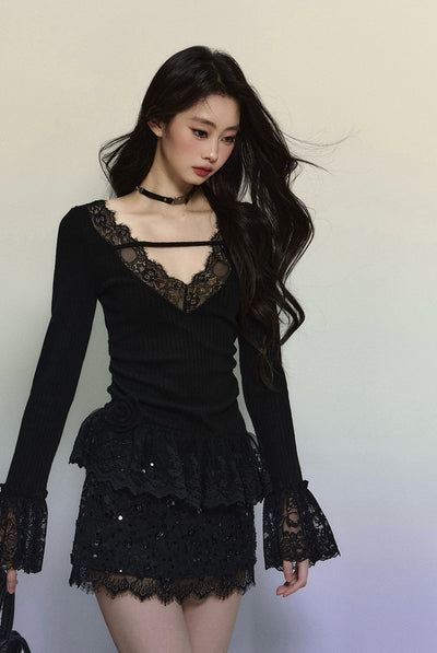 Ruffled Lace Long Sleeve Slim Sweater DIA0311