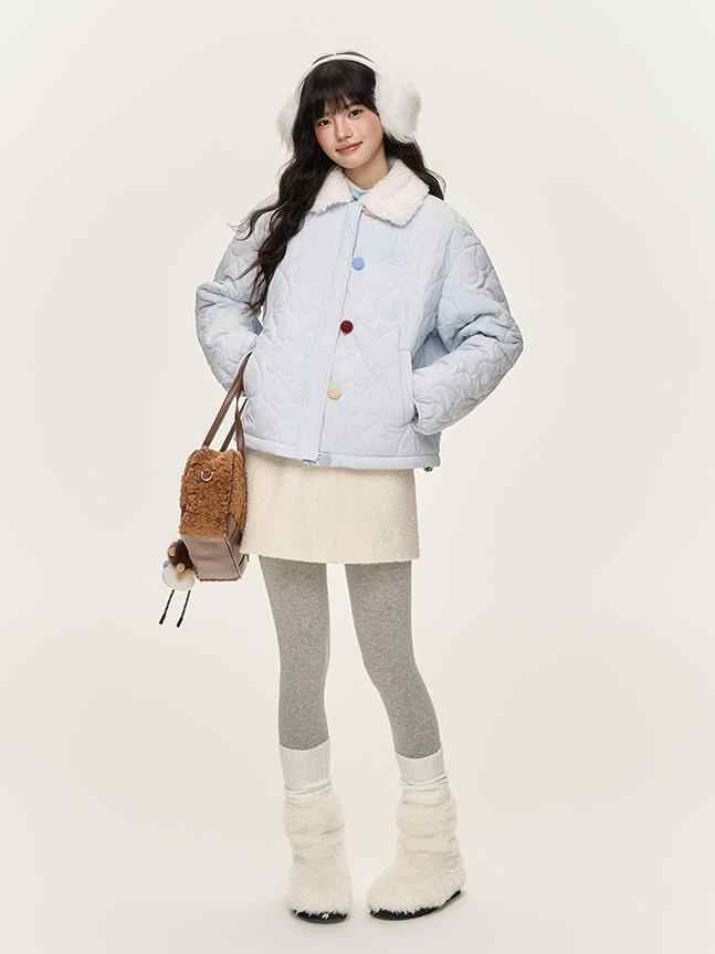 Colorful Button Fur Collar Quilted Jacket NTO0145