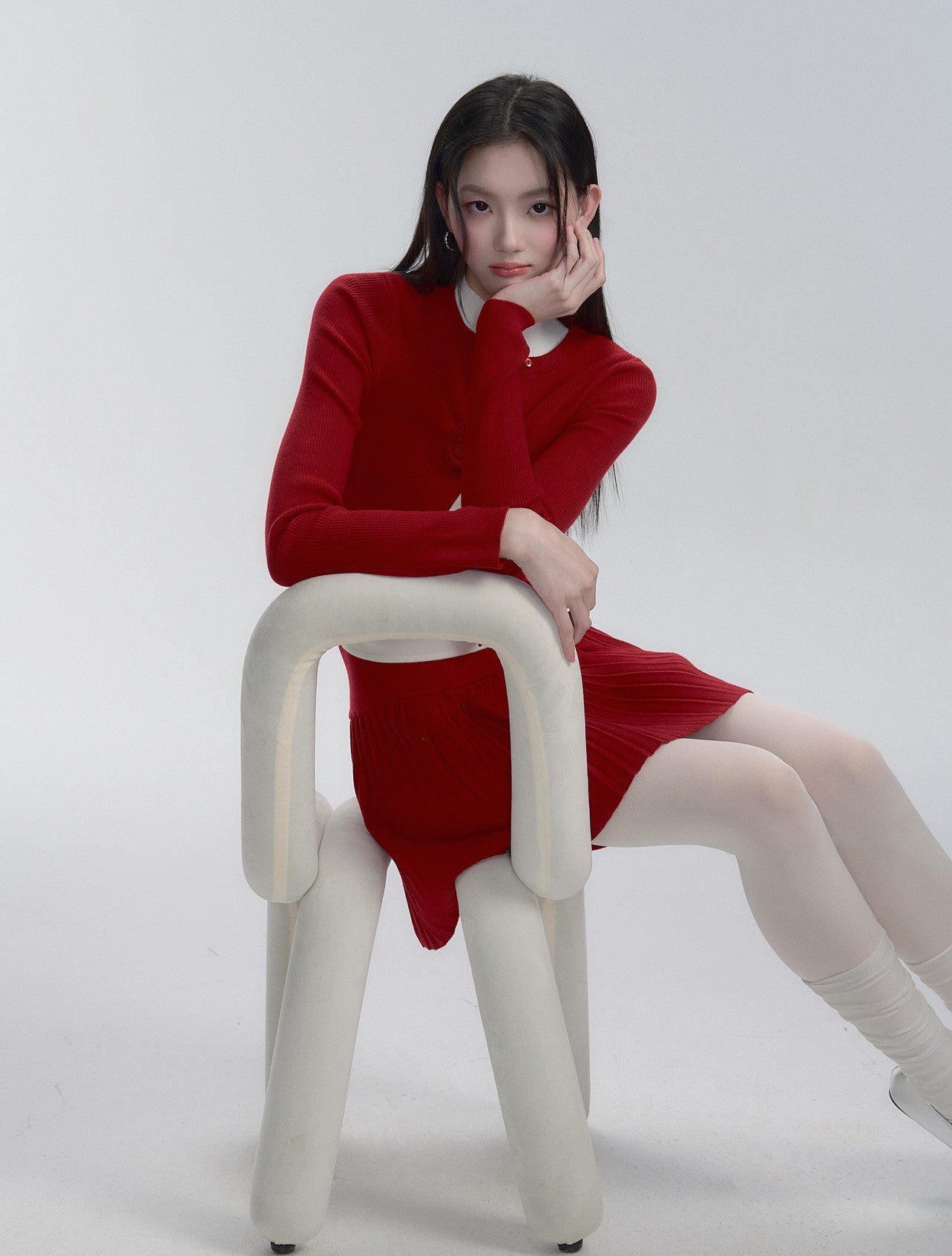 Red Knitted Cardigan/Skirt/Off-white Vest FRA0269