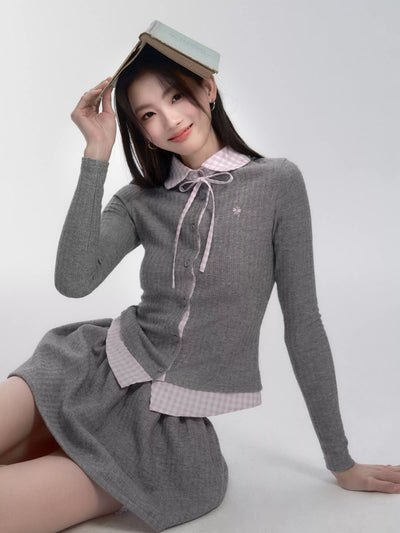 Pink And Gray Plaid Fake Two-Piece Sweater/Shorts FRA0280